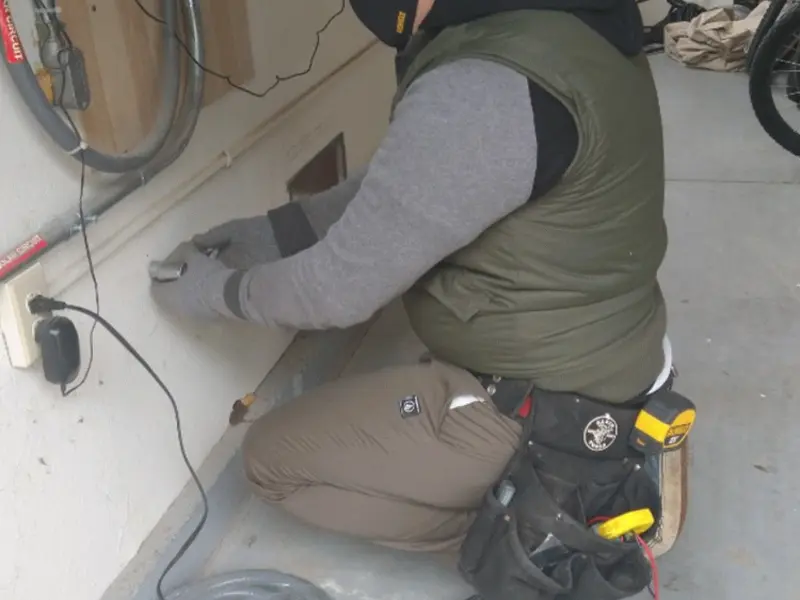 Electrician performing outlet wiring in a Sullivan garage